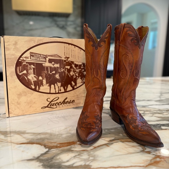 Lucchese Women’s Tall Chocolate + Saddle Brown Leather Cowboy Boots with Inlay - Picture 14 of 14